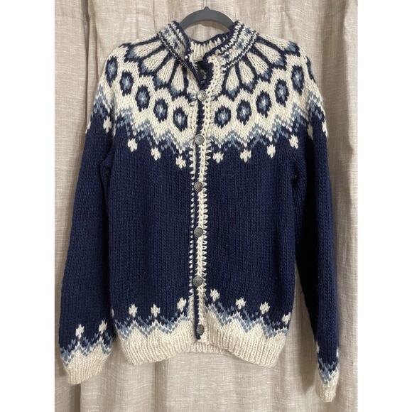 Vintage Stobi Blues & Cream Nordic Icelandic Button Cardigan Pure New Wool Sz M - Picture 1 of 9